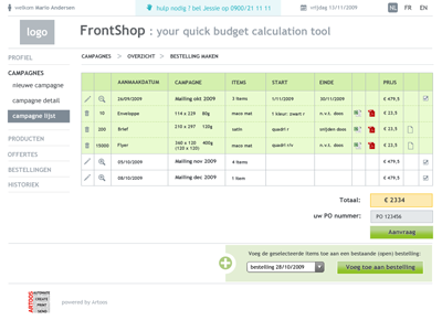 Frontshop, a quick budget calculation tool backend calculation order print tool