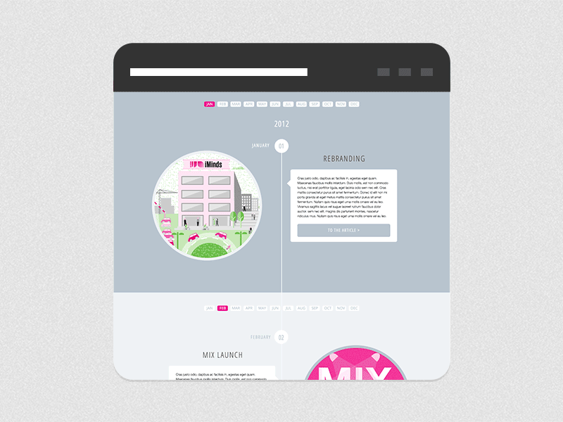 Timeline scroll animation annual report corporate css3 gif green grey html5 illustration months pink responsive scroll timeline year