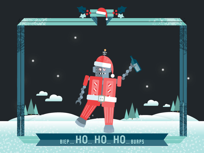 Robot Final robot snow winter christmas flat red green dark drunk vector illustration ribbon white