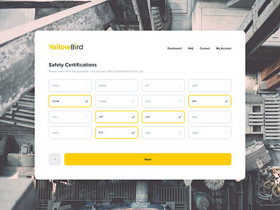 YellowBird - Safety Certifications compliance coplex layout ui ux web