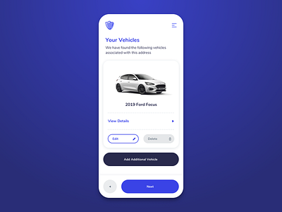 Insurmi - Your Vehicles add app card coplex insurance insurmi ios layout mobile purple ui ux web