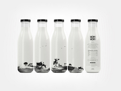 Nom Nom black and white bottles cows illustration milk packaging