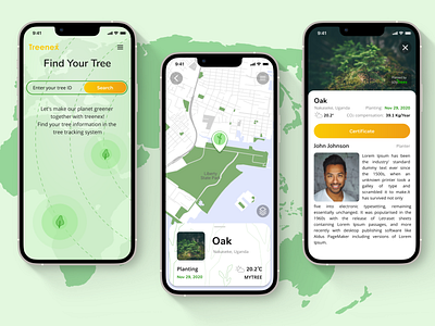 Tree tracking system. Treenex.com app design green map nature search tree ui ux