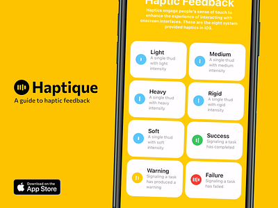 Haptique - A guide to haptic feedback app app design developer feedback haptics ios tool yellow