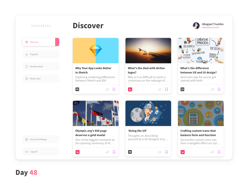Daily UI Challenge Day 48 Article Bookmark App by Mayur Kshirsagar on