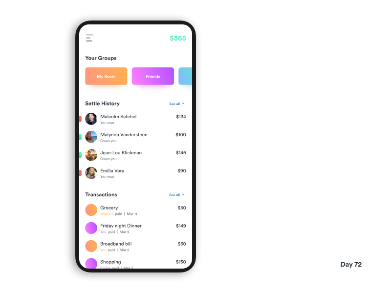 Daily UI Challenge: Day 72 Group Expense Manager figma minimalistic wallet finance group expenses expense manager ios iphone x interaction design ux design ui design daily ui challenge
