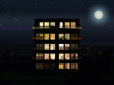 Night view appartment building city illustration interior moon night