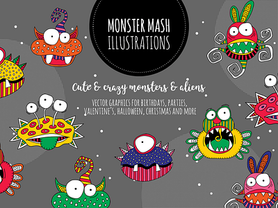 Monster Mash Illustrations aliens creative market cute design doodleart illustration monsters vector