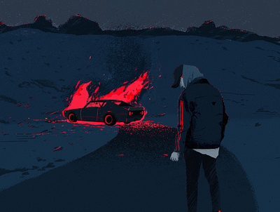 Pink Fire blue car character flat illustration illustrator killer mysterious night nightcrawler people pink fire procreate story storytelling