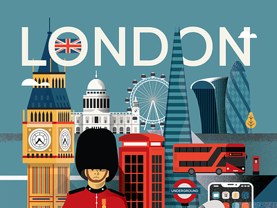 London Poster - Upper side of the poster 2d apple phone big ben character city flat gherkin great britain illustration illustrator london london eye london underground people poster red bus royal guard st. paul underground vector