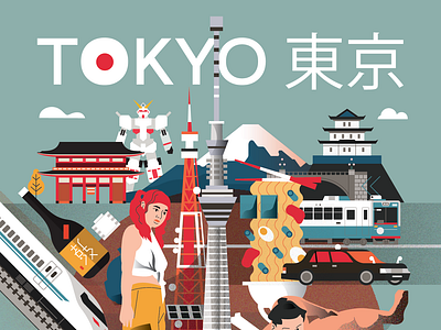 Tokyo Poster - Upper side 2d character city flat fuji icon illustration illustrator japan japanese people sumo tokyo vector vehicle