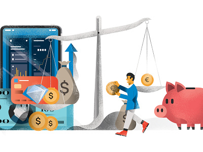 Mr. Porter - Balance your finances 2d balance balanced character editorial flat icon illustration illustrator people piggy bank scales vector