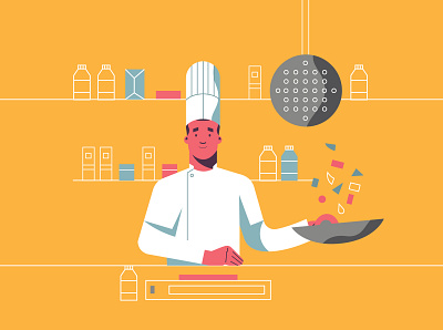 Illustration style suggestion - The Cook 2d character chef cook cooking editorial flat illustration illustrator kitchen outline people style vector