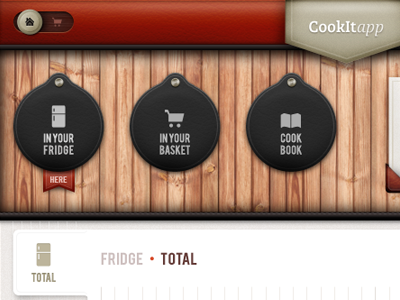 CookIt iPad app - main menu app apple basket cook food fridge icons ipad kitchen leather mobile skeuomorphic wood