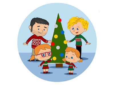 Family at Christmas 2d cartoon christmas family illustration tree