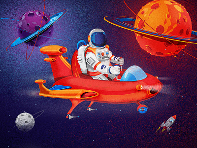 Space illustration astronaut character design drawing grain graphic illustration planets rocket simple texture