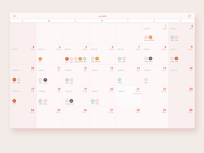 Calendar App female month health weight task women track calendar pink web app uxui