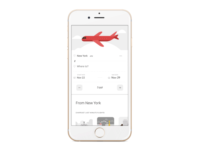 Flight App list suggestion destination browse afterfx uiux adobexd gif interaction concept ticket plane search booking mobile travel red app flight animation