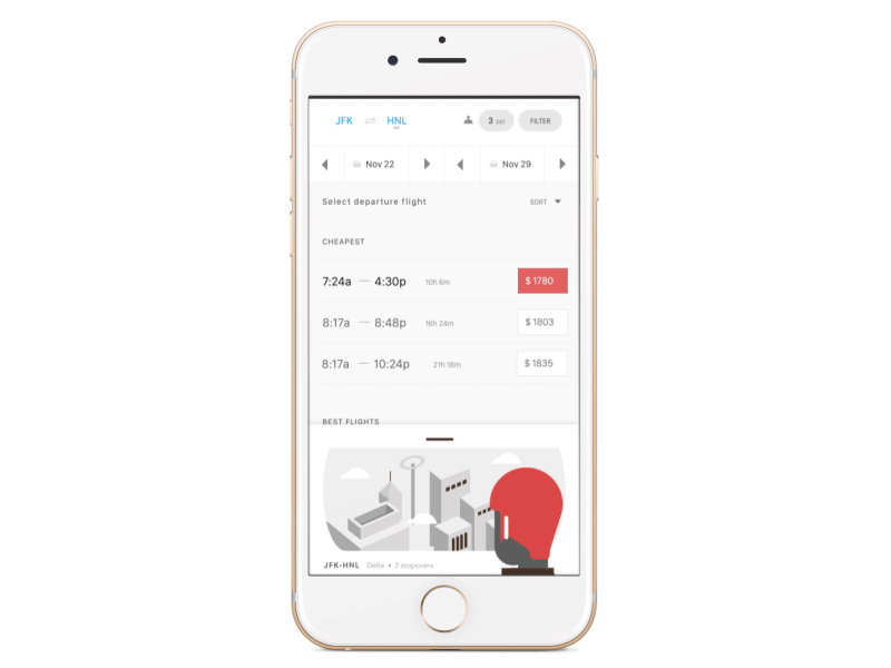 Flight App adobexd afterfx animation app booking concept departure flight gif grey illustration interaction list mobile red search ticket travel visual white