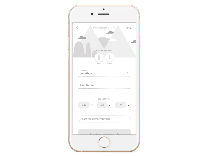 Passenger Fill-out Screen adobexd afterfx animated app booking concept design flight form gender gif grey interaction mobile passenger select toggle travel uxui visual