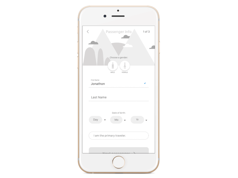 Passenger Fill-out Screen toggle select gender grey afterfx concept interaction visual form passenger booking mobile gif animated uxui design app travel flight adobexd