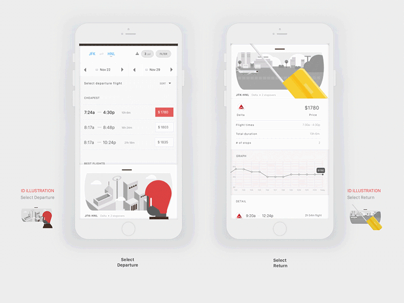 Flight App return gif animated interaction concept ui ux select list browse search destination departure trip travel booking flight mobile design app