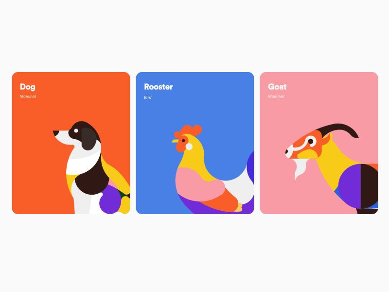 Dog Rooster Goat animal bark bright card chicken collie colorful design dog fun geometric gif goat golden illustration ratio rooster ui ux