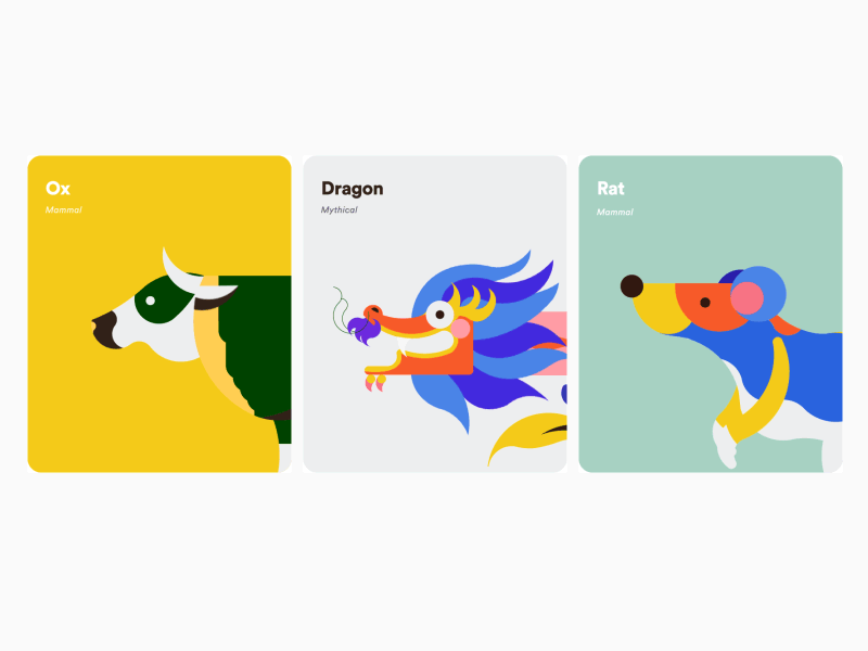 Ox Dragon Rat animal animated bright card colorful cow design dragon fun geometric gif golden illustration mouse ox rat ratio ui ux