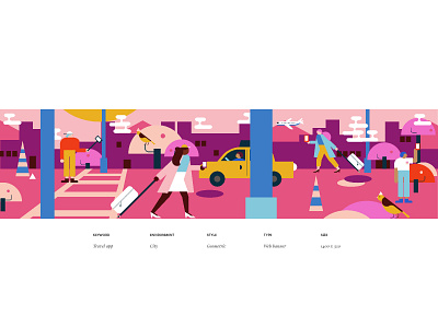 Geometric Illustration- City Travel app app banner bird character design city flat geometric illustration luggage mural panel pink plane purple selfie taxi travel web