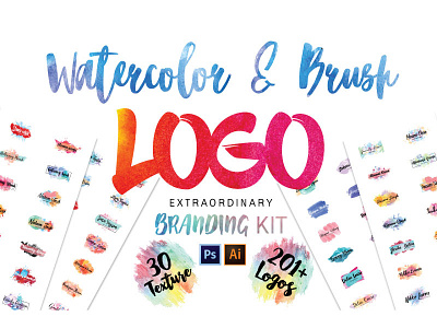 Watercolor & Brush Logos ai branding brush kit logo texture watercolor