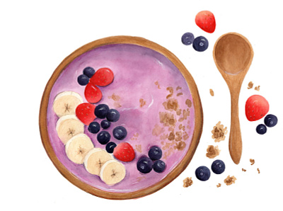 Granola Yogurt Illustration banana berries breakfast illustration cereal illustration fruits strawberry watercolor painitng