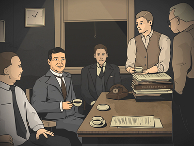 Late nights 1940s animation character design illustration law office tea