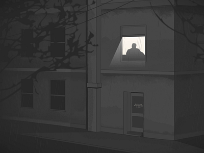 Working overtime 1940s design illustration lightning office rain