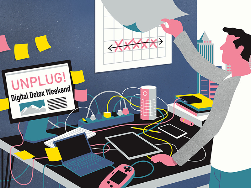 Unplug! stress relaxation vacation getaway detox editorial electricity cords wires digital computer technology