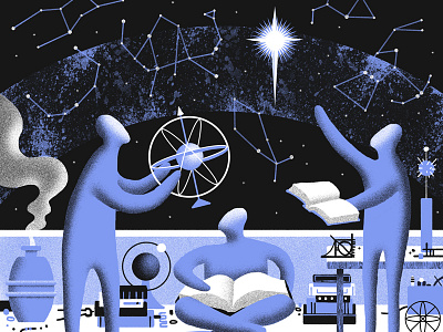 The Astronomers astrology astronomy constellation editorial illustration lab observatory science space stars