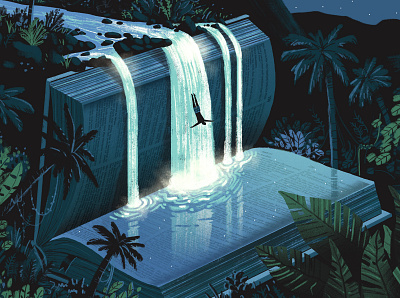 Christianity Today / Dive Into The Bible bible book dive dream editorial editorial illustration fantasy illustration jungle light nature rainforest read reading surreal water waterfall