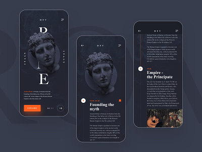 Ancient Rome - History App Dark ancient blog dark dark app dark mode design museum read roma rome ui user inteface