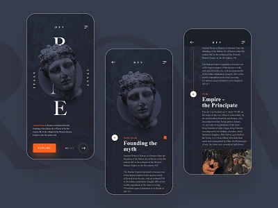 Ancient Rome - History App Dark ancient blog dark dark app dark mode design museum read roma rome ui user inteface