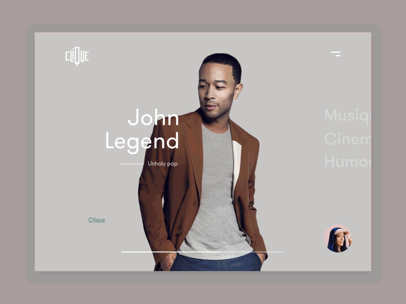 Clique - Home concept #2 cinema clique french homepage humor interface minimalism music trendy ui