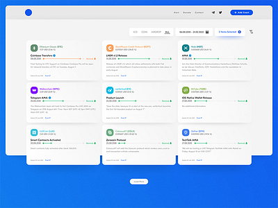 Cryptocurrency Calendar blue calendar coin cryptocurrency dashboard homepage interface invite kit list trend ui
