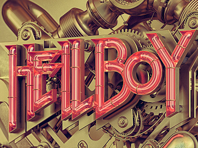 Hellboy WIP 2 3d comic gold hellboy mechanical neon steampunk type typography wip