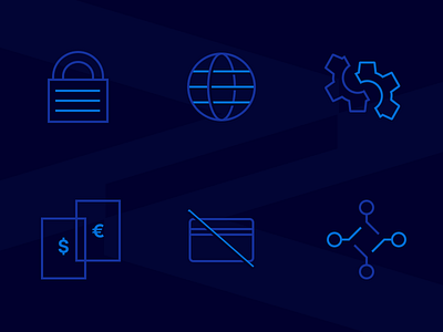 Swiss Banking Tech Icons blue connect dark finance gear global icons lock platform security ui web