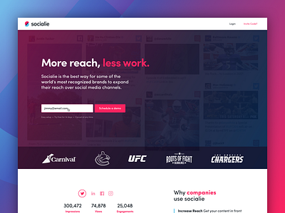 Socialie Home blue bold branding fun marketing media pink social startup ui ux web