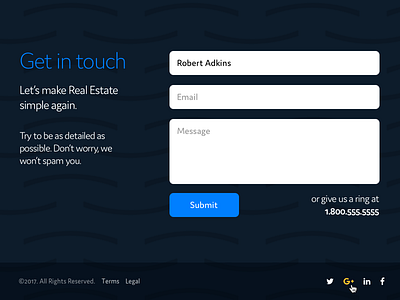 Simple Contact Form blue button contact dark field form minimal real estate realtor realty ui ux