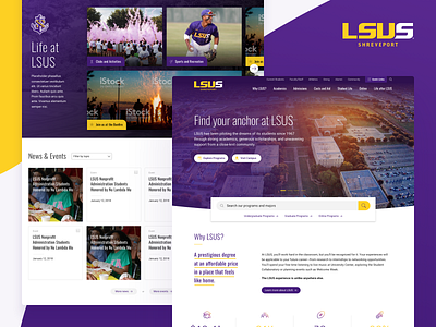 LSUS Shreveport - Homepage Design college college sports design education education website enterprise enterprise ux experience homepage institution interface landing purple redesign responsive sports student university website website builder