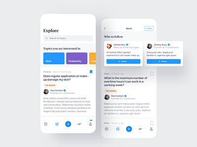 🕵🏼‍♂️ Explore app application blue clean color figma fintory follow icons ios minimal mobile questions search social topics ui user user interface ux