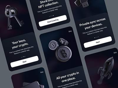 Crypto App - Onboarding 3d icons app btc icon clean crypto icons fintory ios key login minimal mobile nft onboarding password phrase premium icon set ui user experience user interface ux