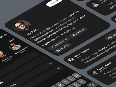 Dogma - Profile / Search app clean dark dark interface fintory follow ios minimal mobile product profile search term ios recent searches tags followers follow twitter user user dashboard user experience user interface ux ui
