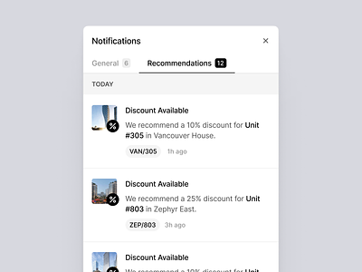 Notifications / Recommendations app clean comments crypto discount dropdown finance modal nav bar sidebar top bar navigation notification panel popover pricing property management real estate saas ui user interface ux