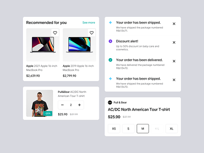 🧩 E-Commerce - Components app bookmark cards cart category filters clean design discount badge drilldown favourite notifications order summary product list product quickview promo section quantity picker see all see more ui ux